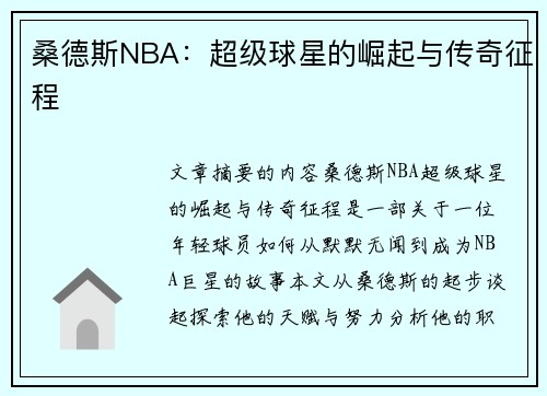 桑德斯NBA：超级球星的崛起与传奇征程